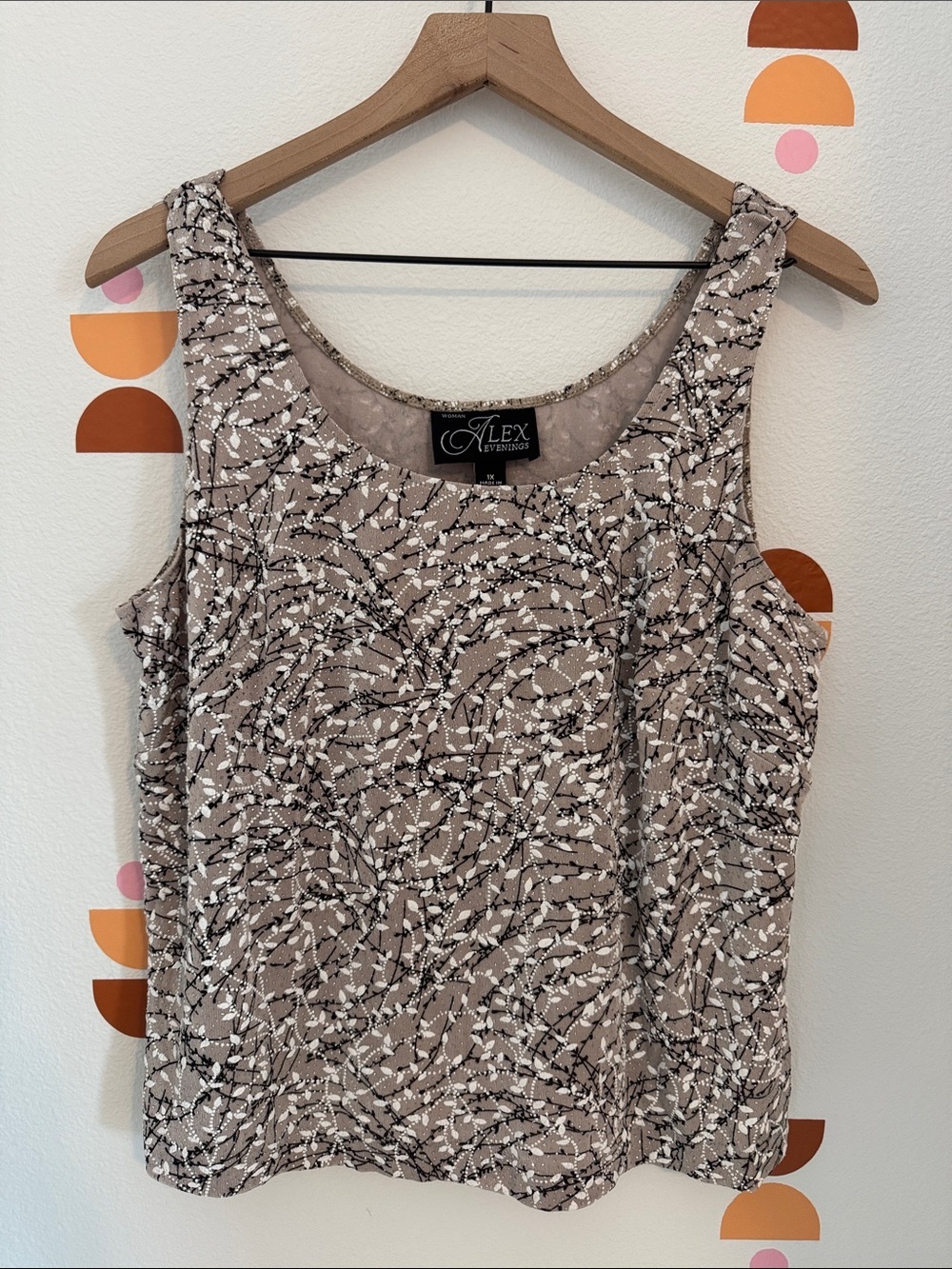 Alex Evenings Taupe Sleeveless Printed Tank with Black & White Detailing N0100